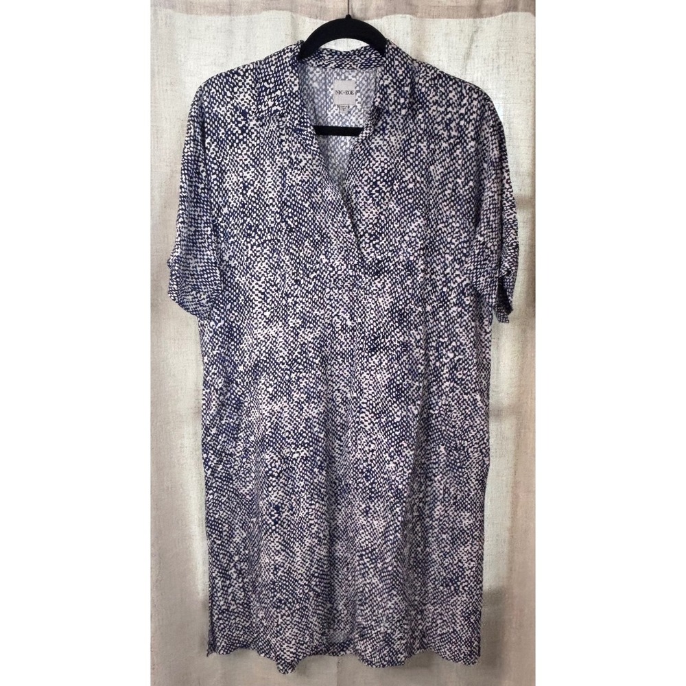NIC+ZOE Blue White Abstract Dotted Shift Dress SZ S Collared Black Pockets